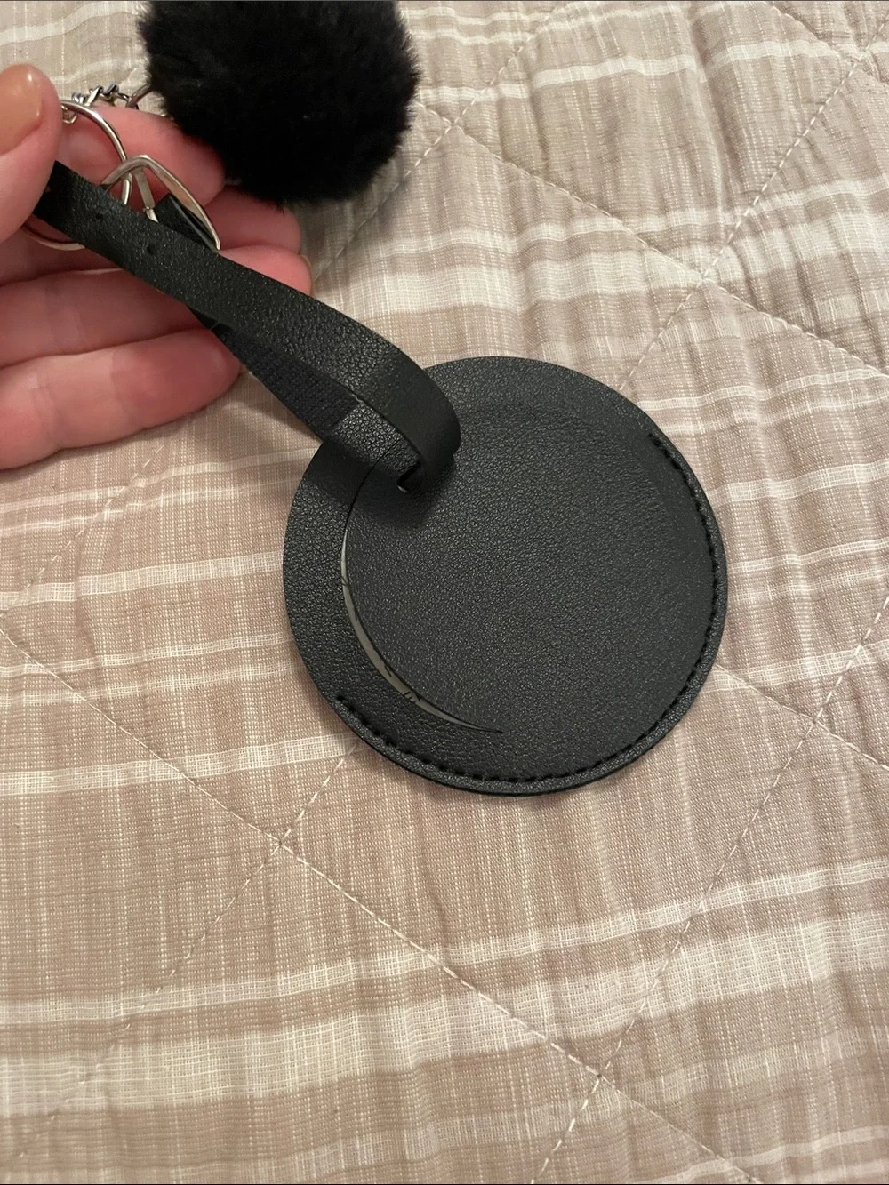 Black Faux-Fur Pom Pom Keychain with Luggage ID Tag